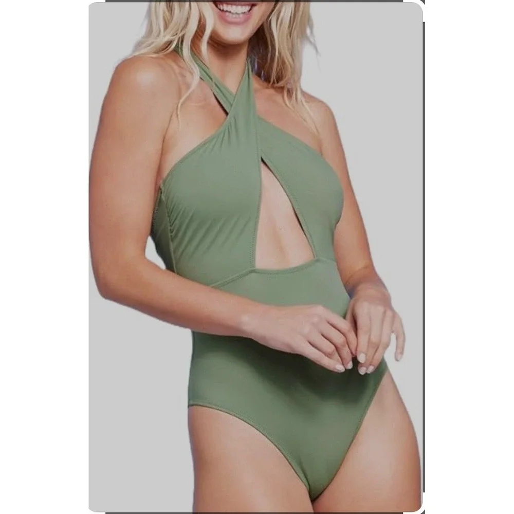 Shade And Shore Swimsuit Size Medium 8-10 Green Cross‎ Front Halter Cheeky